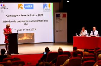 Lancement de la campagne 2023 de prévention et lutte contre les incendies avec Hélène Sandragné, présidente du Département de l'Aude.