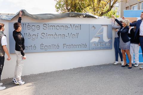 Dévoilement plaque collège Simone Veil à Carcassonne.