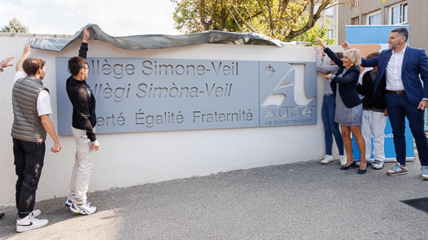 Dévoilement plaque collège Simone Veil à Carcassonne.