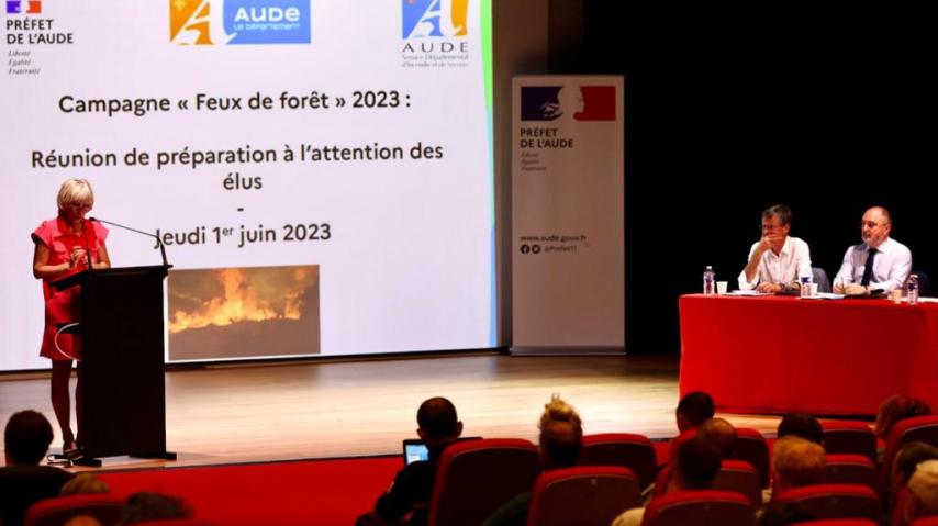 Lancement de la campagne 2023 de prévention et lutte contre les incendies avec Hélène Sandragné, présidente du Département de l'Aude.