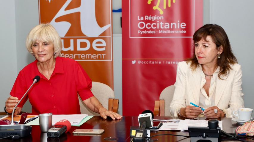 Hélène Sandragné, présidente du conseil départemental de l'Aude et Carole Delga, présidente de la Région Occitanie, ont présenté le plan habitabilité et résilience