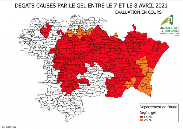 CARTE DRESSANT LE CONSTAT DES DEGATS CAUSES PAR LE GEL EN AVRIL 2021
